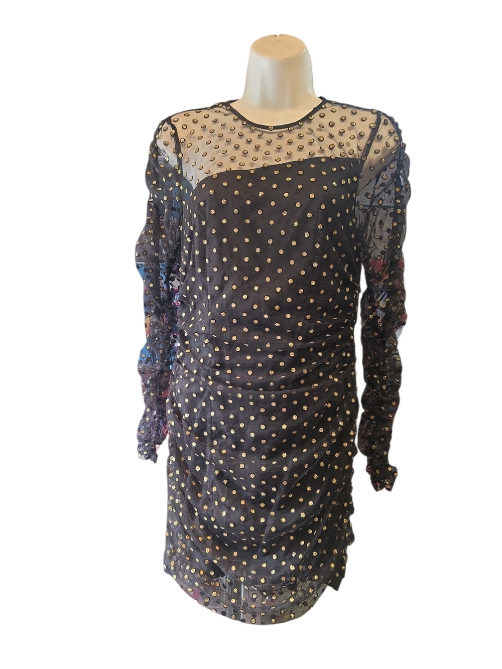 h:ours Black Sheer Long Sleeve Polka Dot Dress